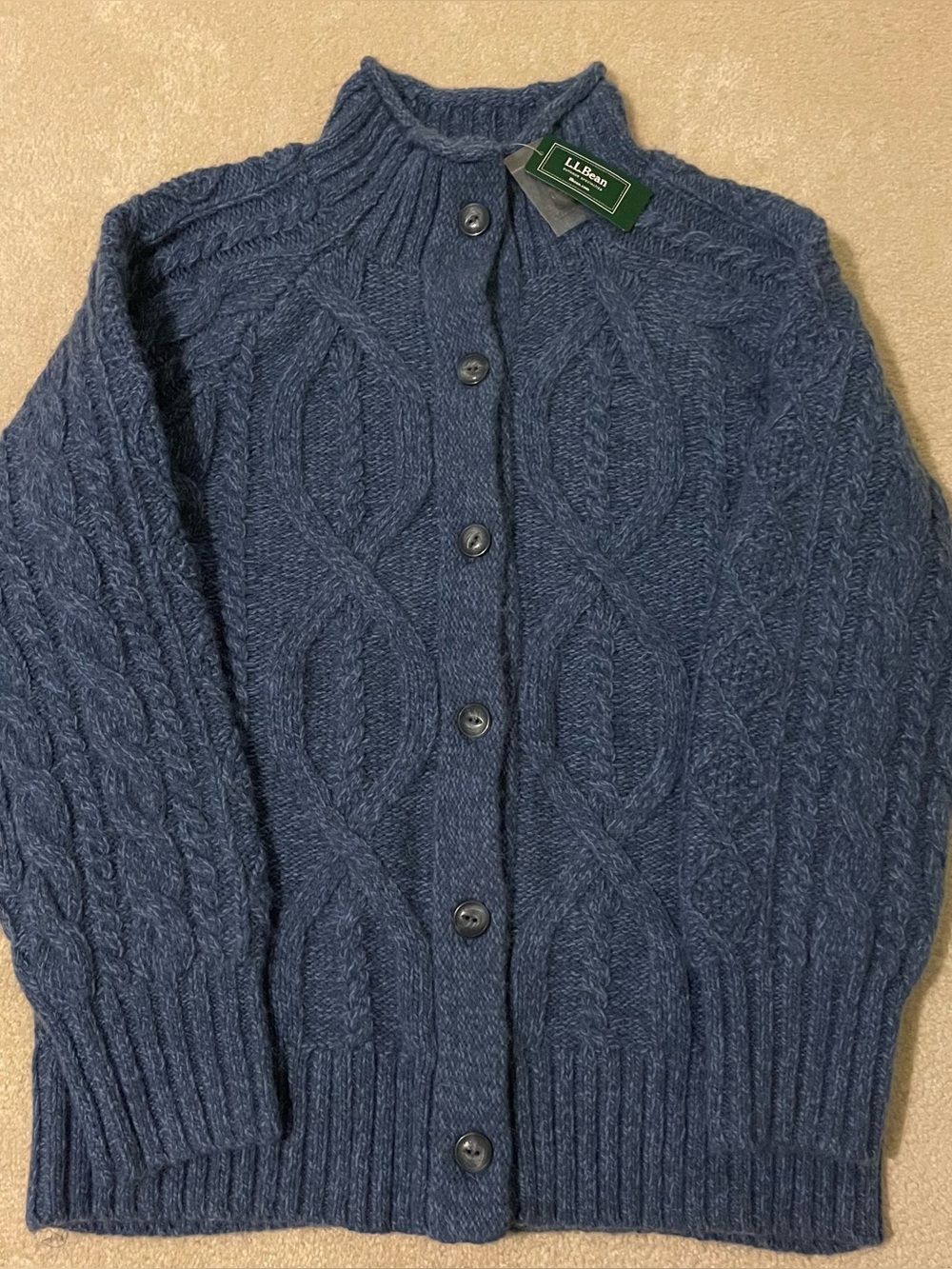 L.L. Bean Wool Alpaca Fisherman Cardigan Sweater Blue NWT